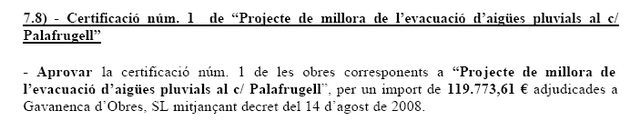 Extracte de la Junta de Govern Local de l'Ajuntament de Gavà on es certifiquen les obres del projecte d'evacuació d'aigües pluvials al carrer de Palafrugell de Gavà Mar (7 d'Octubre de 2008)